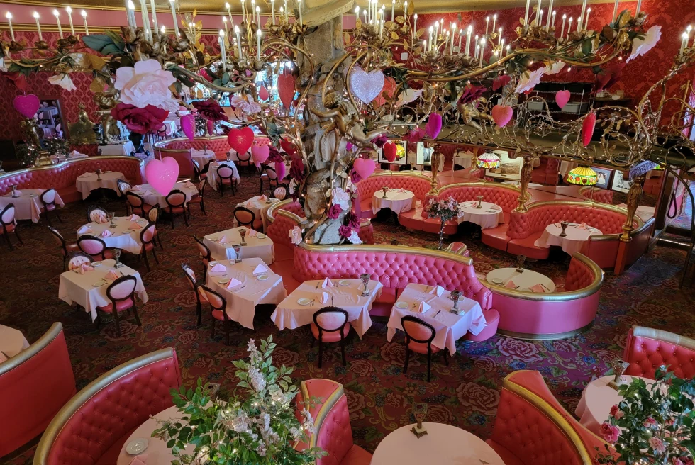 A picture of the dining hall area at Madonna Inn.