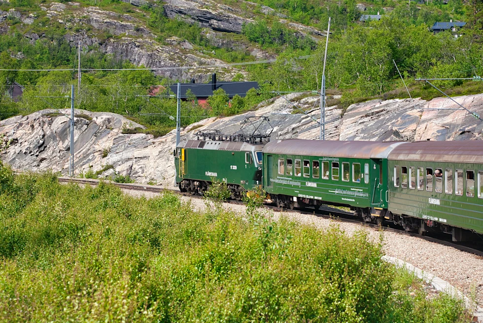 A green train traveling to the Norway countryside.