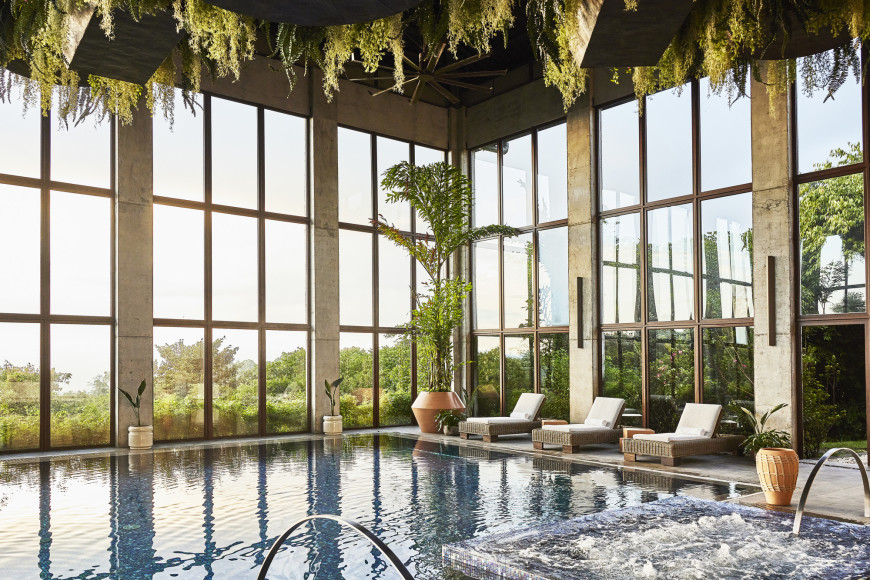 a pool in glass-walled atrium filled with plants
