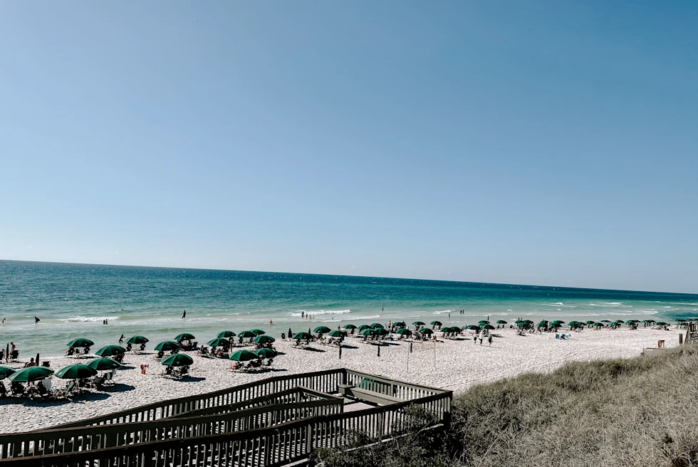 white sand beach next to the ocean on a clear day