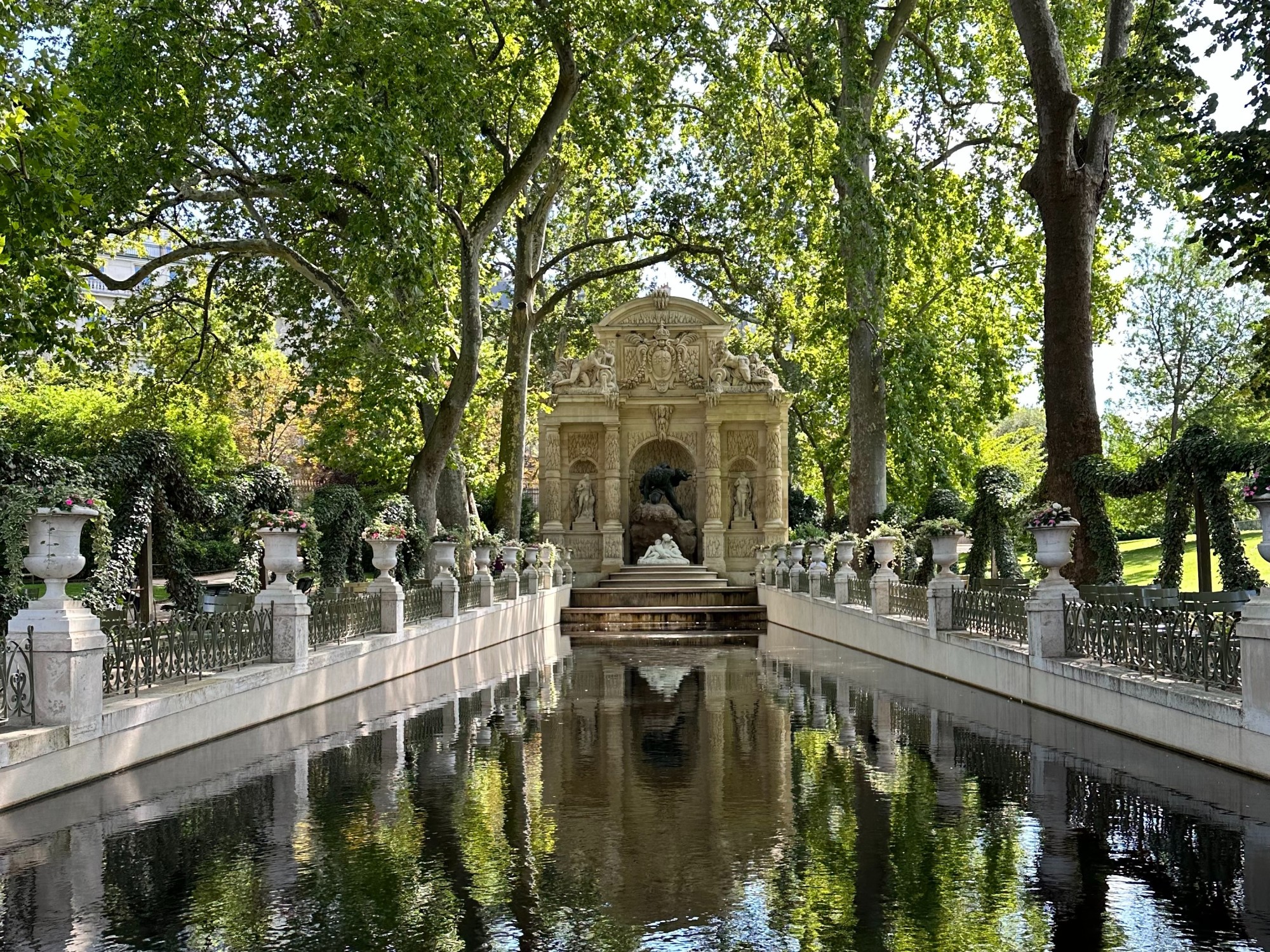 A pond with white boundary surrounded by big trees.