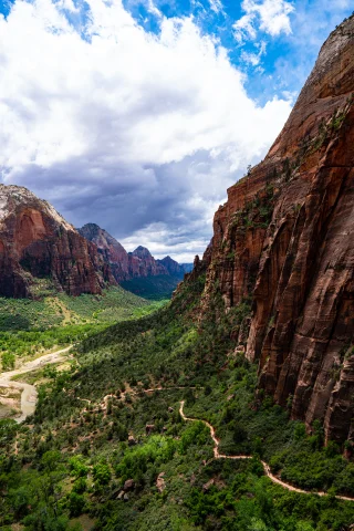  View of a trail and the road in Zion National Park