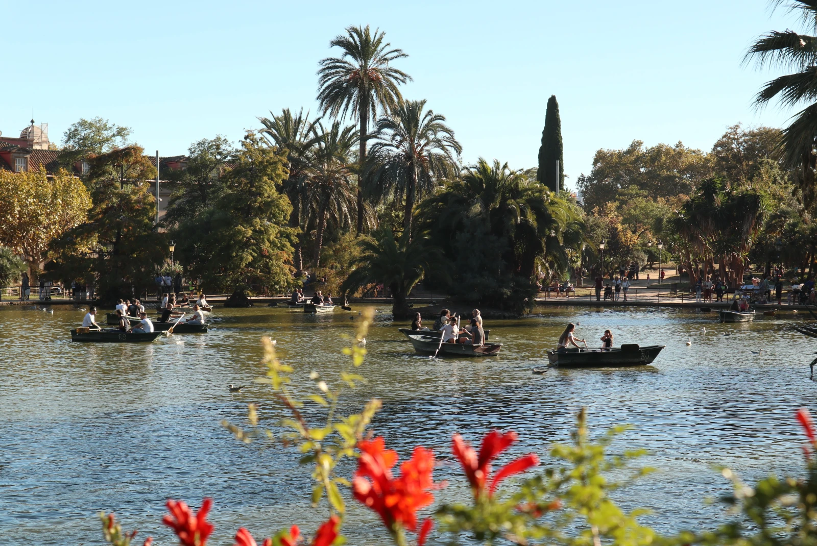 Ciutadella Park with boats on a lake in Barcelona. 
