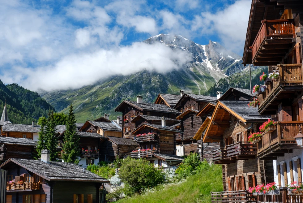 Mountains and houses in Switzerland. 