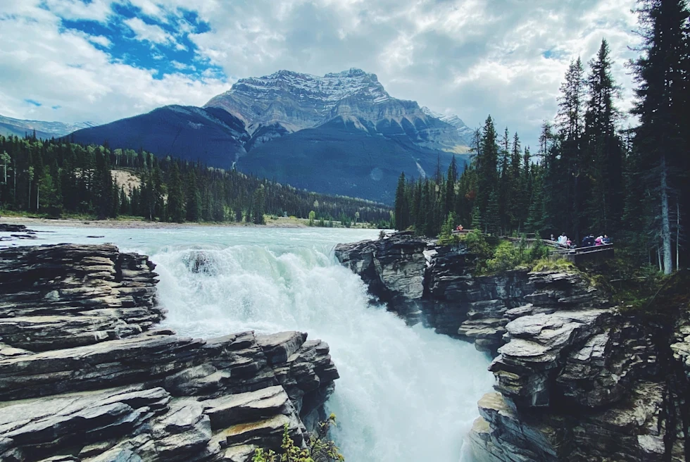 Waterfalls and mountains in Canada.