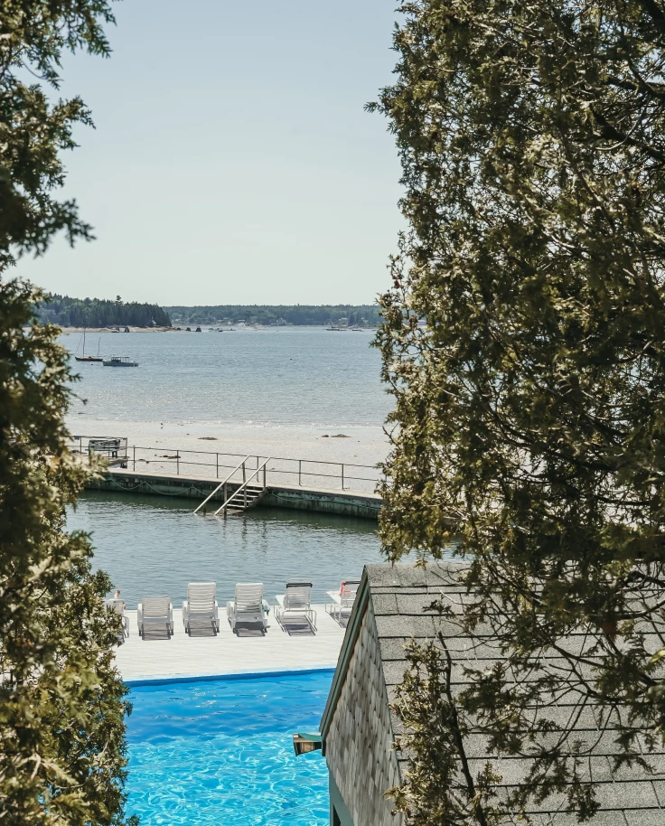 A pool and ocean view in Bar Harbor. 