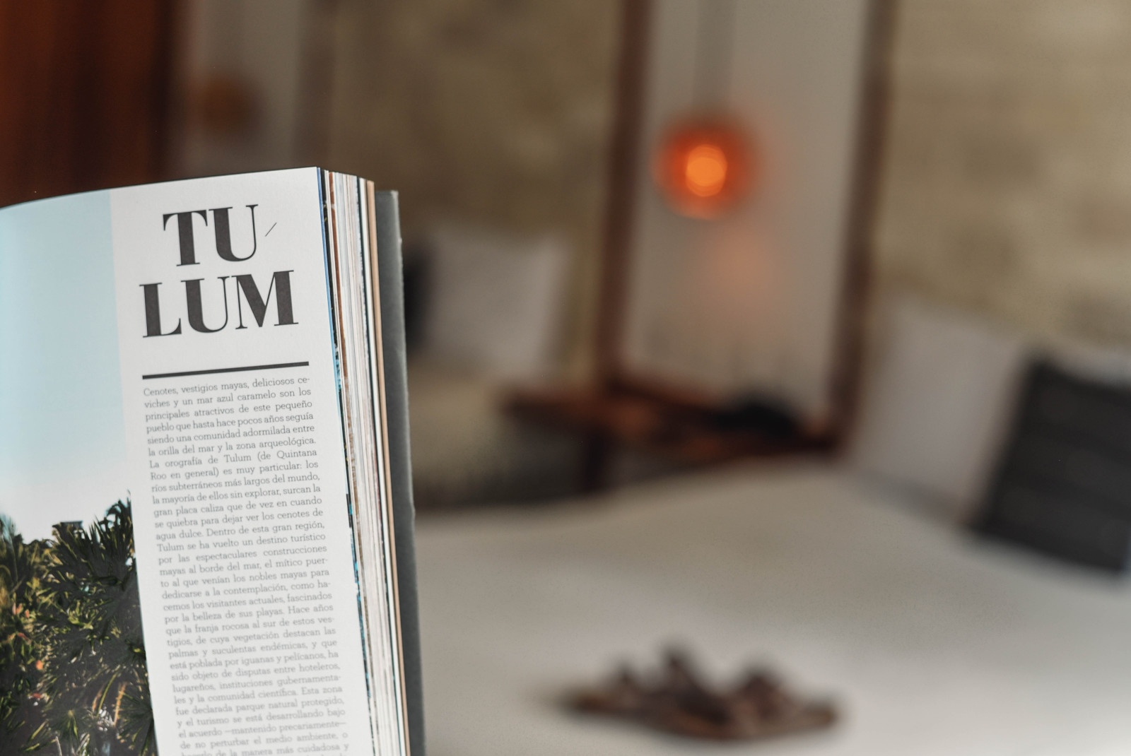 Tulum magazine with bed in background
