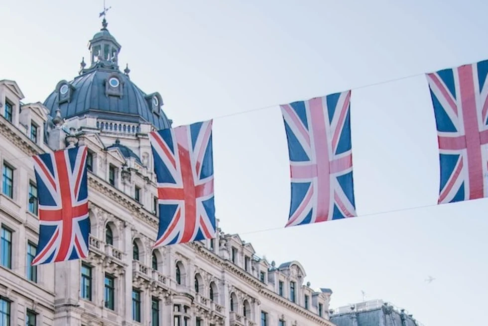 London's flag hanging on the road over a string.