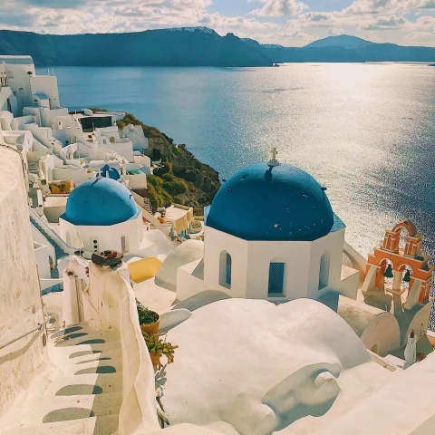 View of the blue dome in Santorini