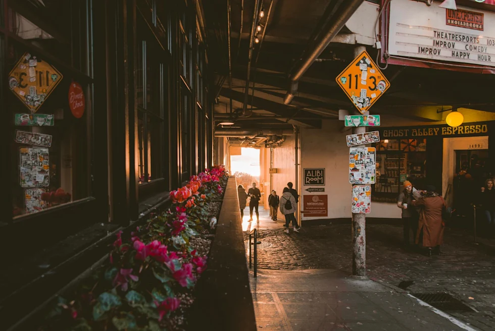 sun shines through narrow city street with pink flowers and street sign