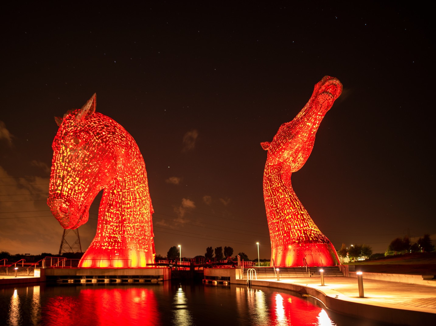 The Kelpies sculpture in Helix Parkland located between Falkirk and Grangemouth, UK