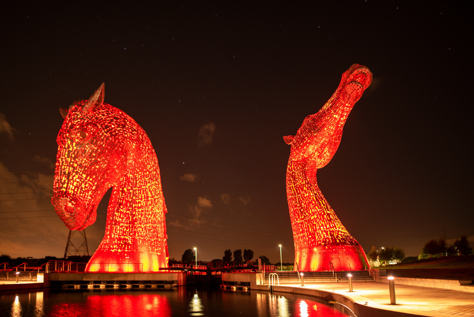 The Kelpies sculpture in Helix Parkland located between Falkirk and Grangemouth, UK