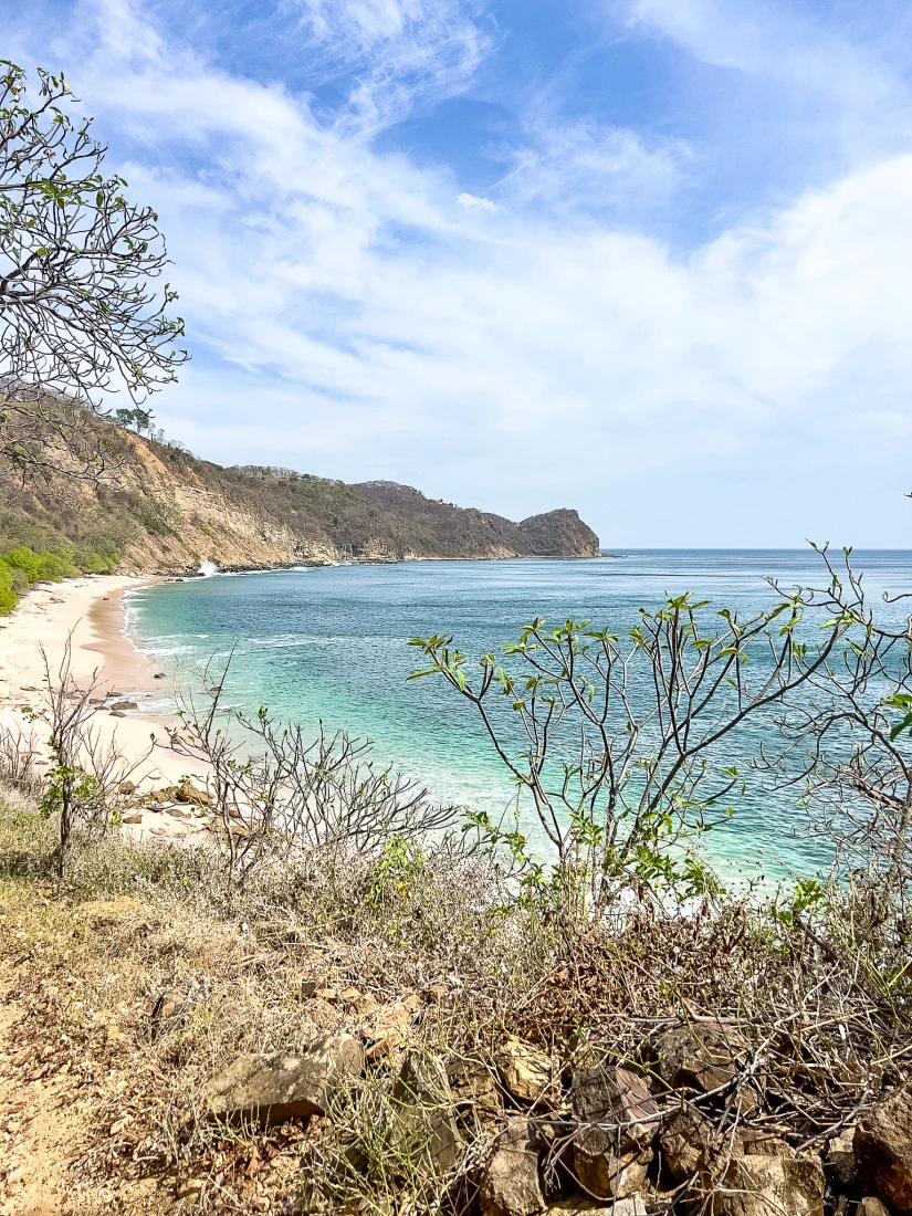 A view of the coastline of Rancho Santana Playa Rosada, with turquoise-colored water, mountains and fauna. 