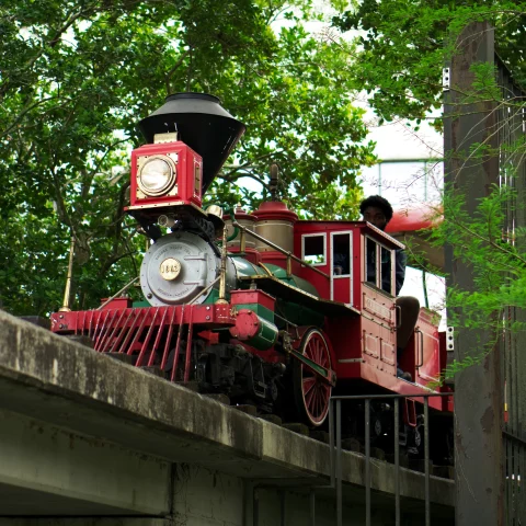 This red train can be found in Collins Diboll Circle.