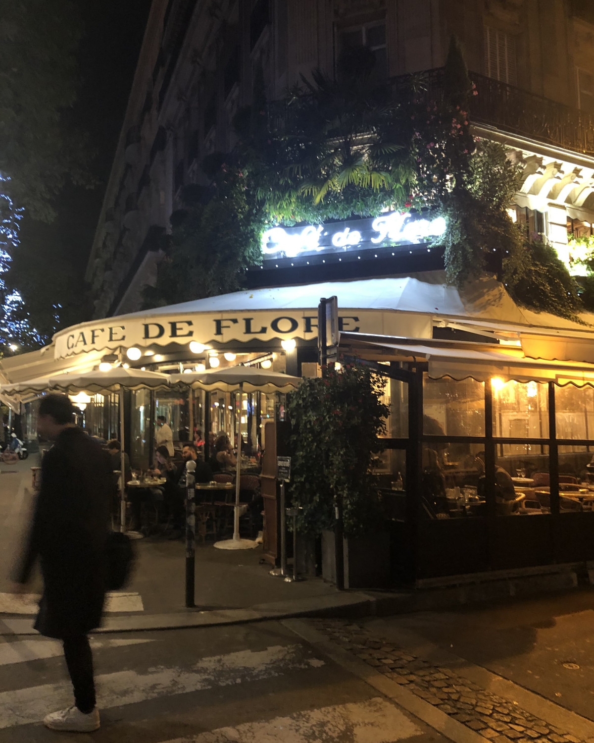 The exterior of a restaurant called Cafe De Flore at nighttime near the Regina Hotel Paris
