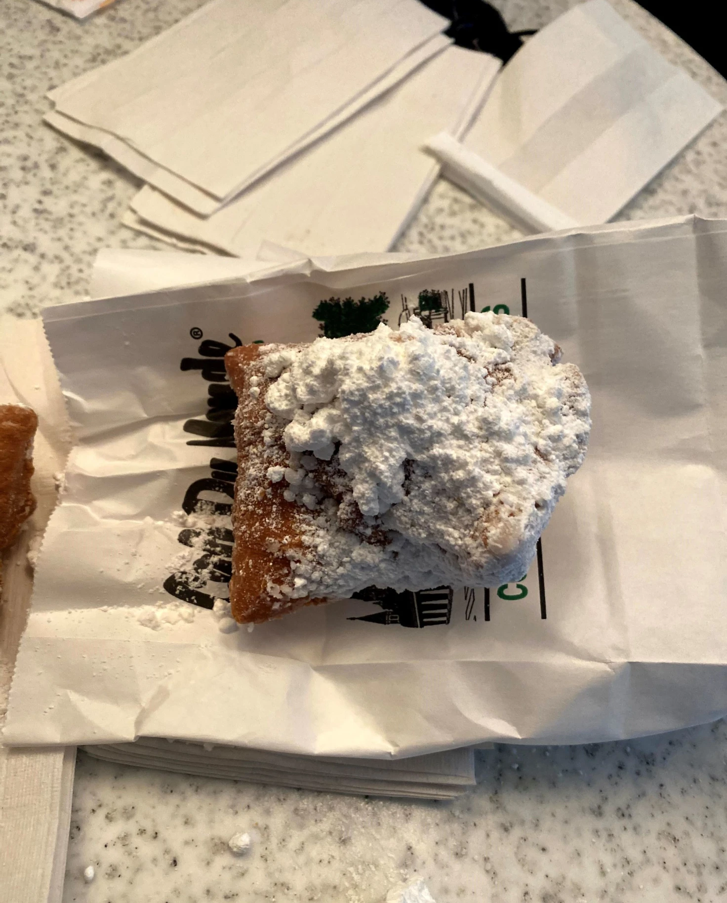 A picture of a dessert on a paper bag.