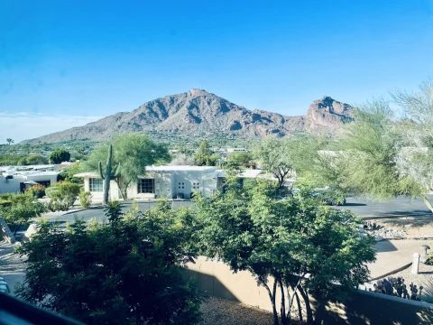 View of Camelback Mountain from a casita at JW Marriott Scottsdale Camelback Inn Resort and Spa.