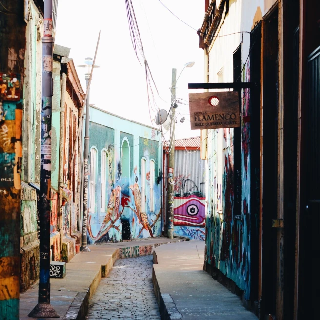 narrow street with murals 