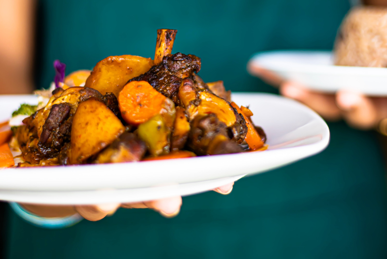 person holding white plate with food