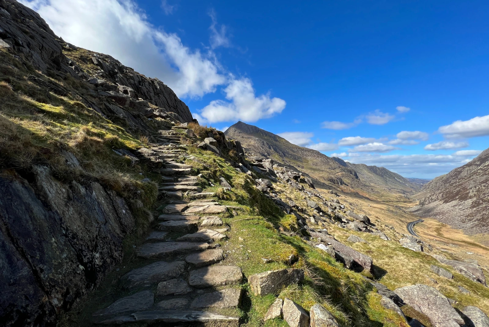 Snowdonia National Park hike with a stone stair case. 