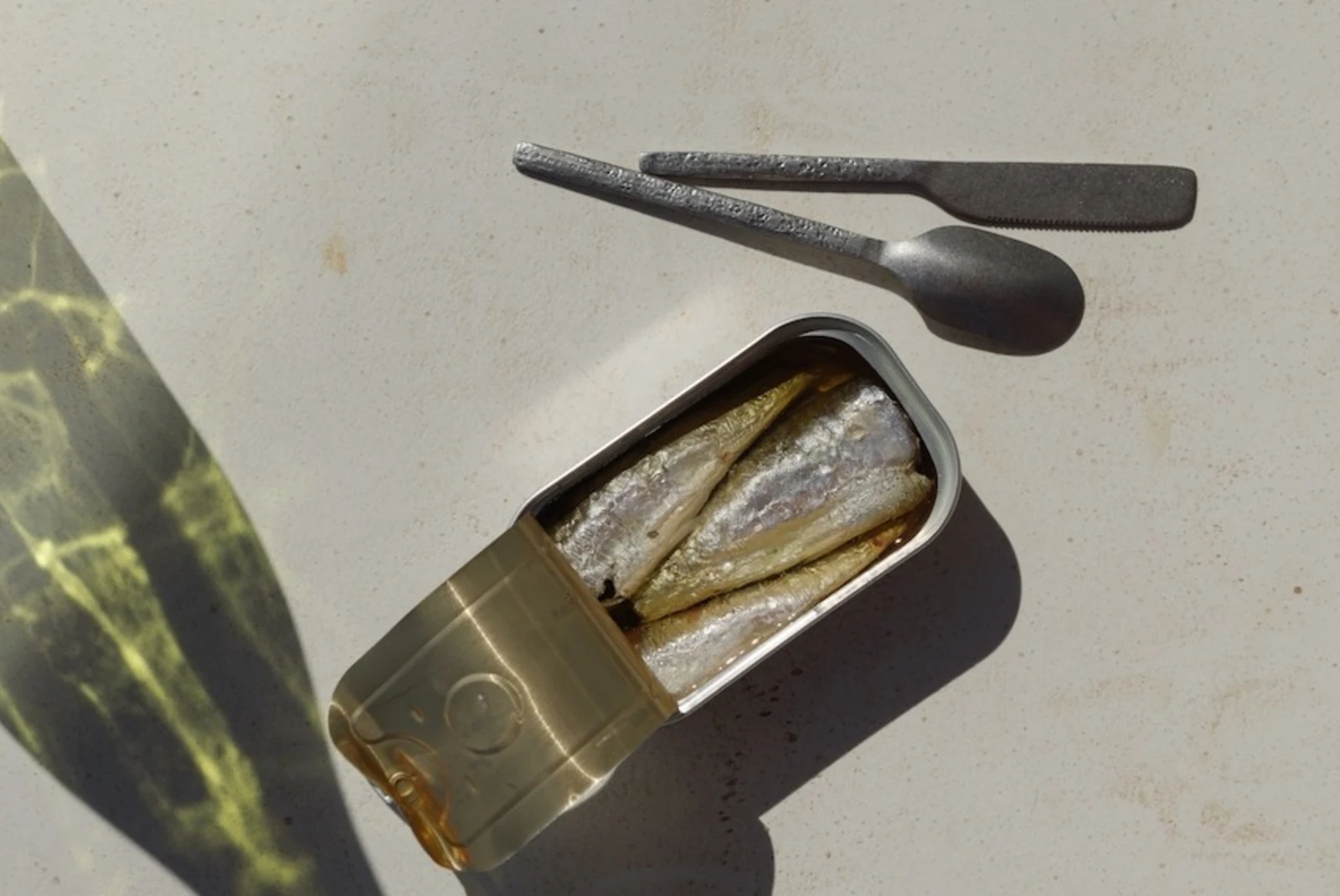 aerial view of an open can of sardines near a bottle of eater