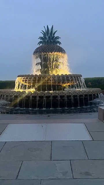 Pineapple fountain lit up at night at the River
