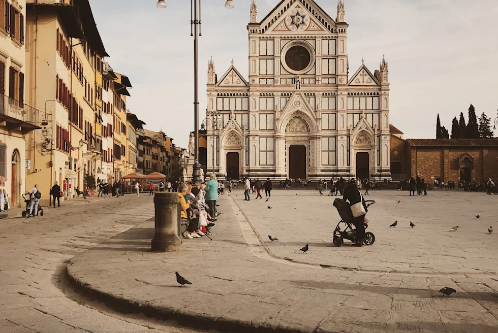 plaza and building with cloudy skies