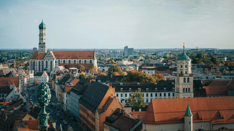 Skyline view of historic buildings and streets in Augsburg, Germany. 