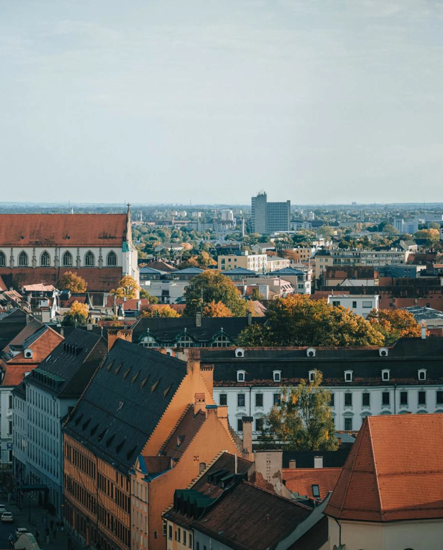 Skyline view of historic buildings and streets in Augsburg, Germany. 