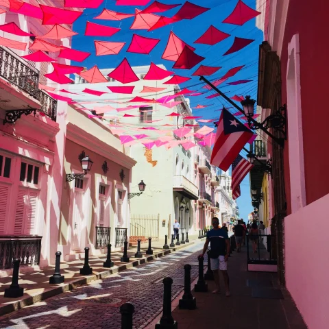 Red kite pennants on street photo