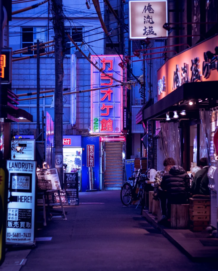 A neon-lit street in Tokyo, Japan. 