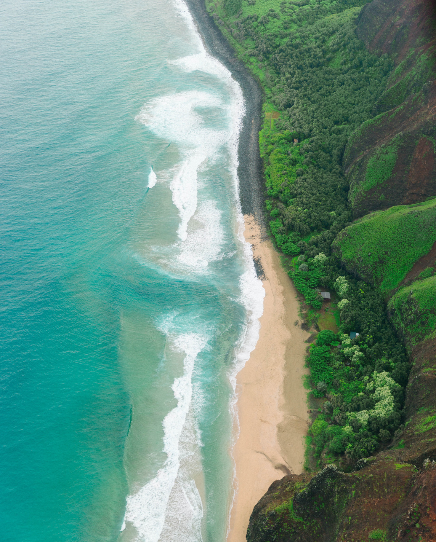 Aerial view of ocean and beach next to green mountain during daytime