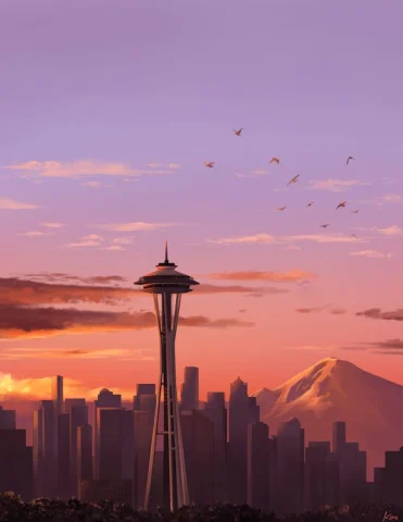 An aesthetic view of a tower in Seattle during sunset