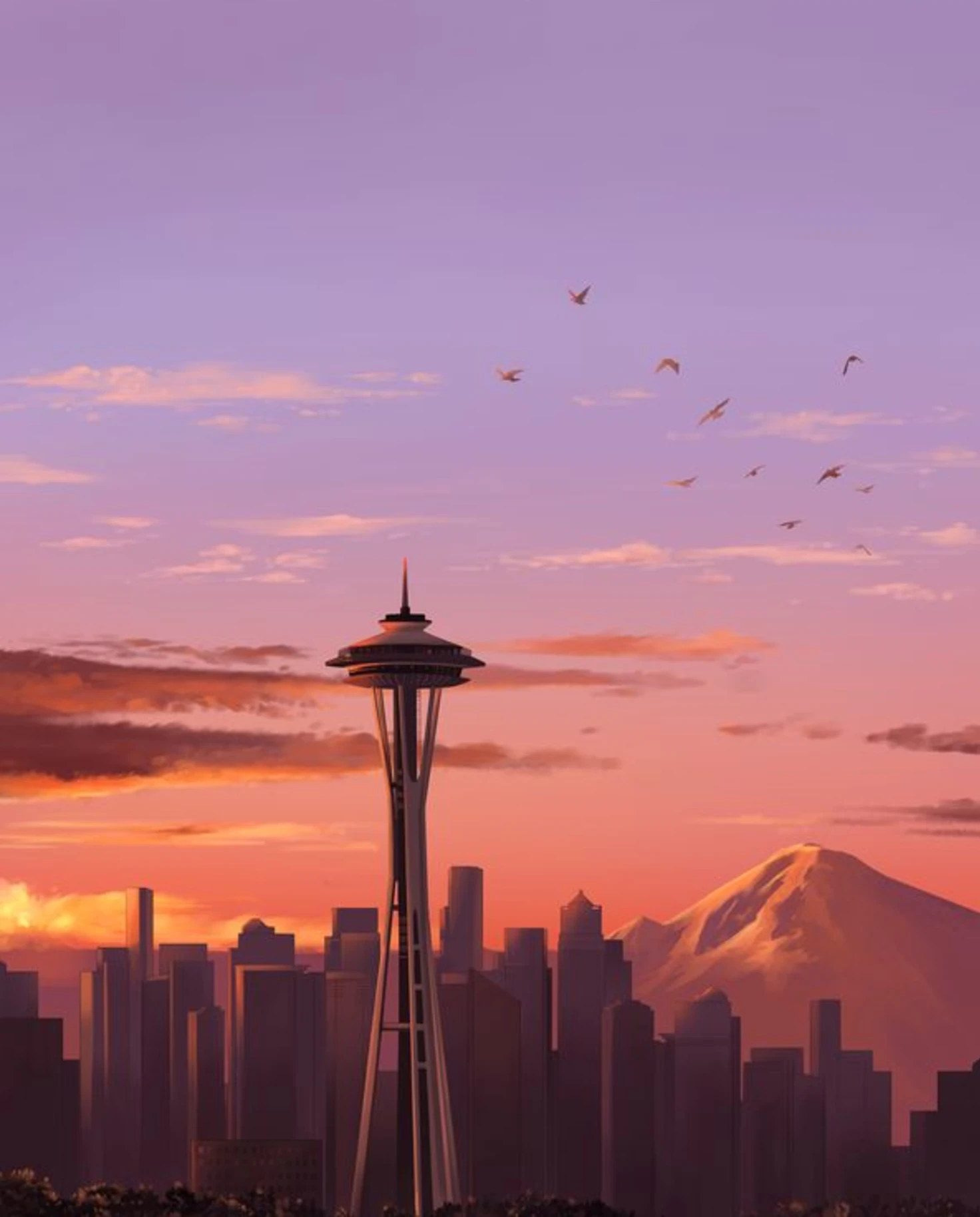 An aesthetic view of a tower in Seattle during sunset