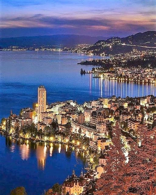 night view of Montreux lighting