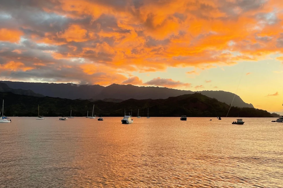 A picture of sunset at Hanalei Pier.