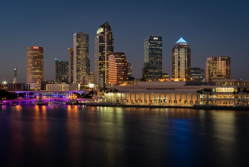 Night view of the city showing high end buildings on seaside