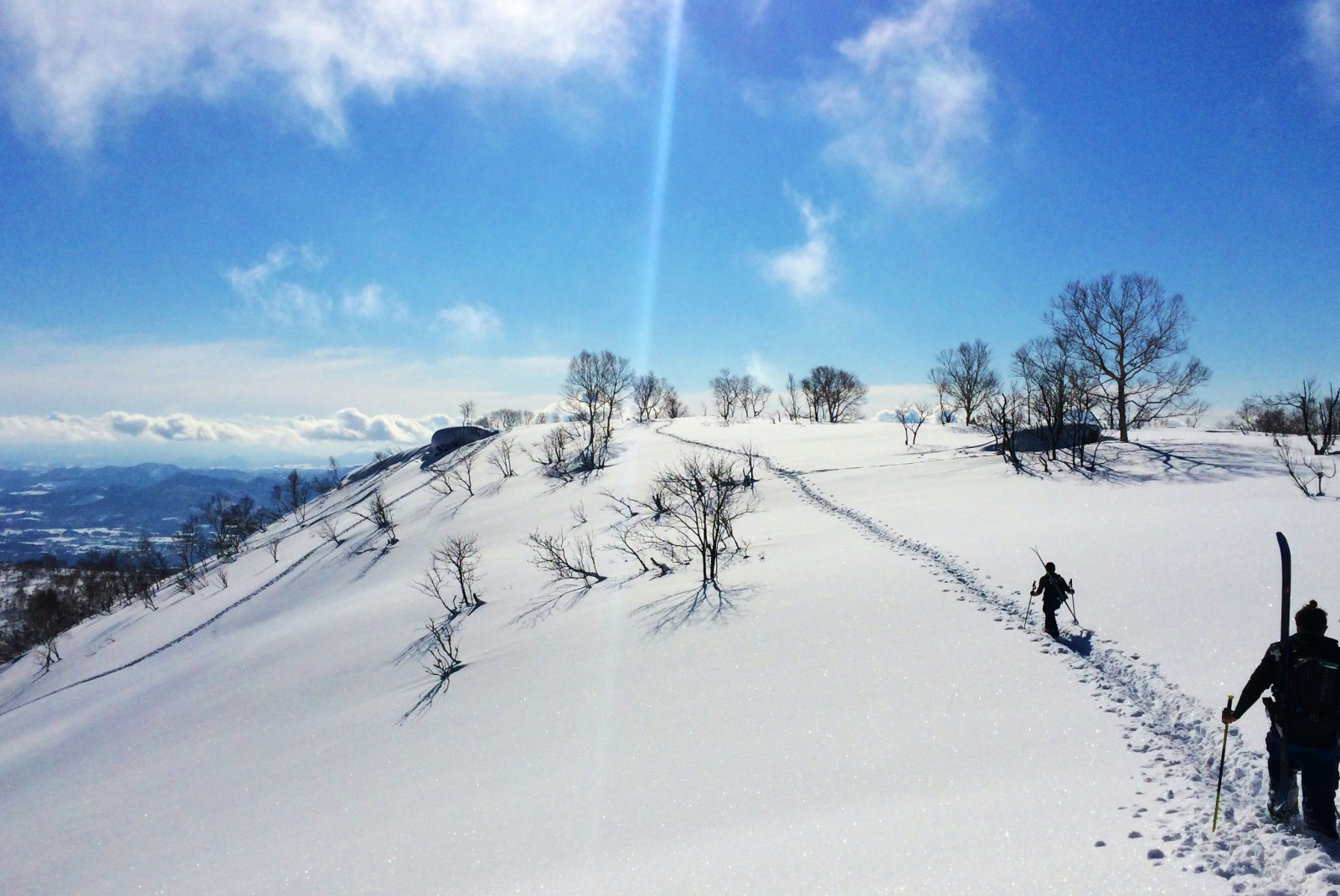 People hiking with skis on snow-covered mountain during daytime