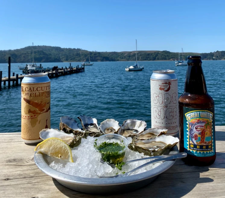 plate with oysters and beers on a wooden ledge overlooking the water