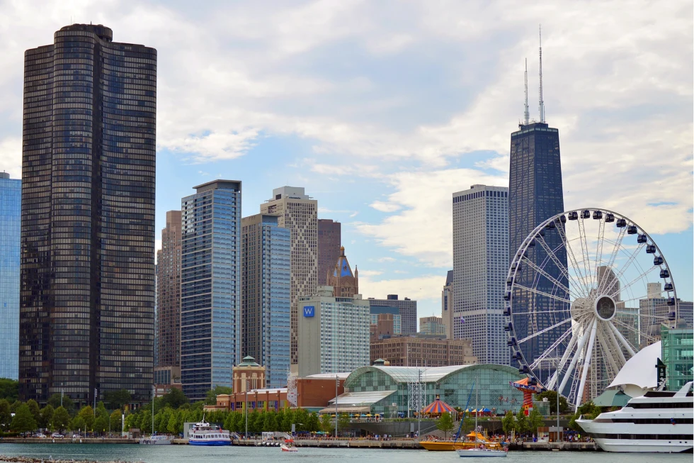 Navy Pier is a 3,300-foot-long pier on the shoreline of Lake Michigan.