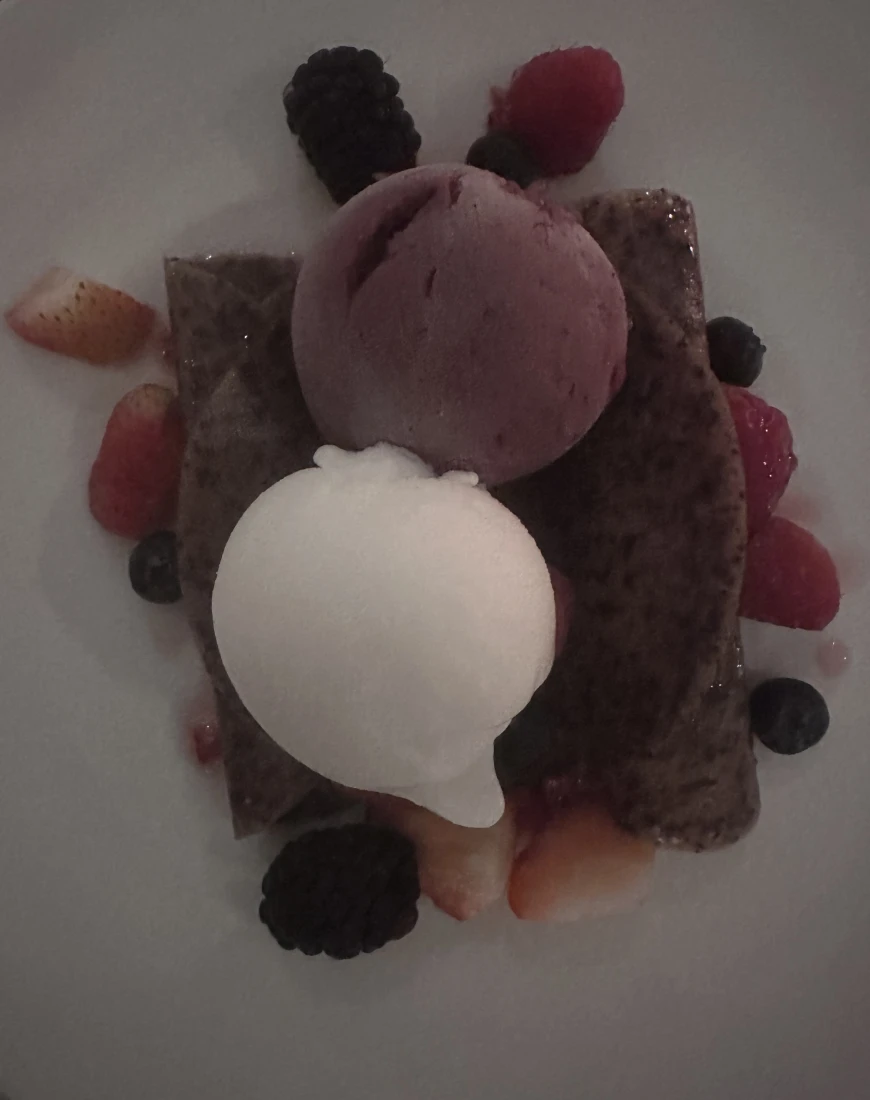A white plate full of a dessert entree with ice cream, berries and a pastry. 