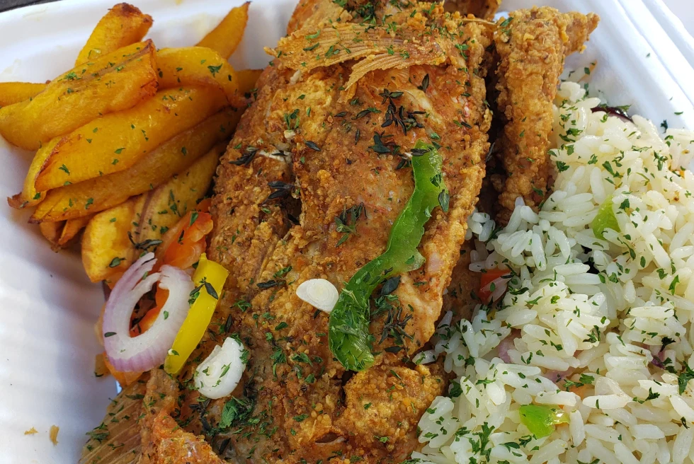fish with fries and rice in a white takeout container