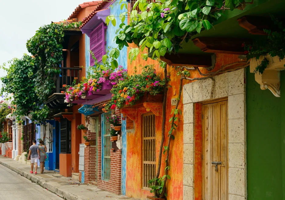 Rows of colorful houses in Cartagena Colombia with orange blue purple blue and green painted and green pink plants and flowers
