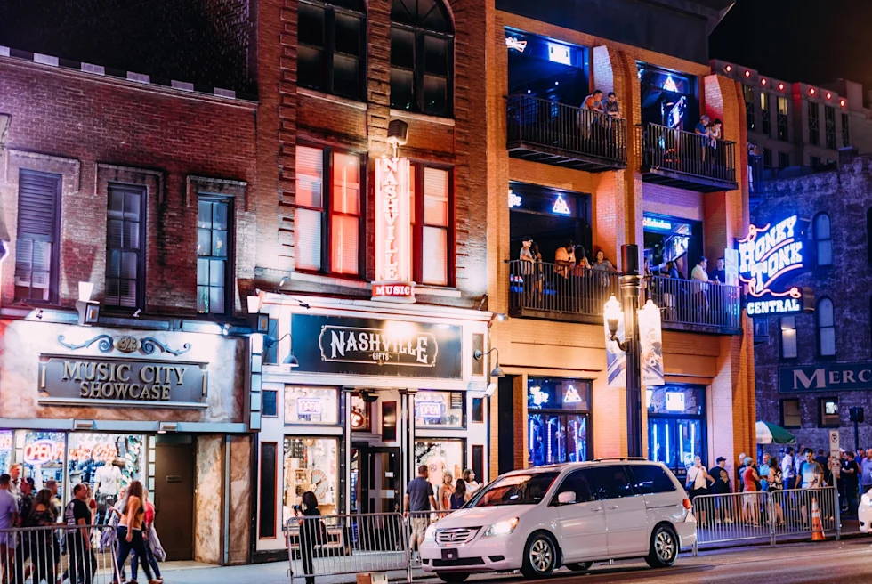 Illuminated buildings during night time.