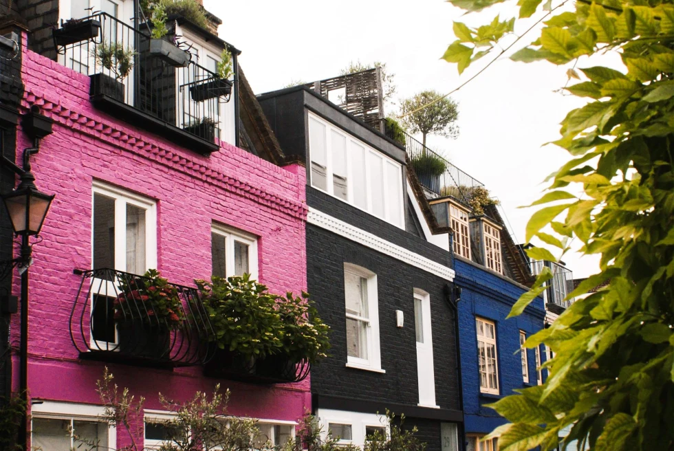 colorful buildings with cloudy skies