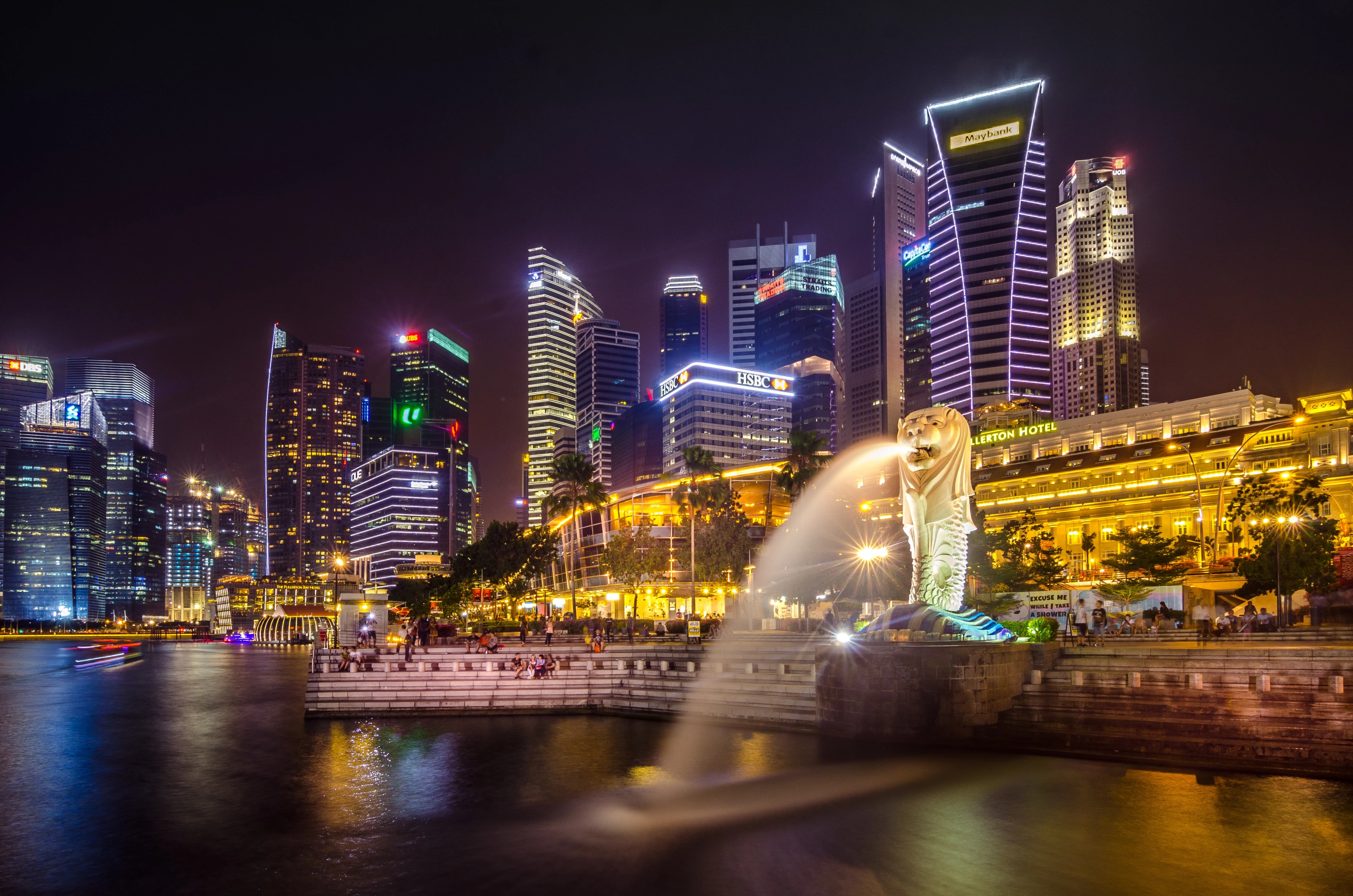 night view of buildings waterside lights Singapore 