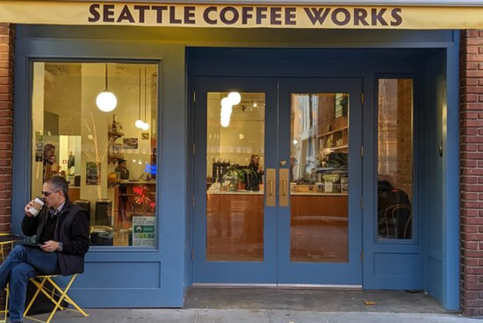 An entrance view of a coffee shop in Seattle