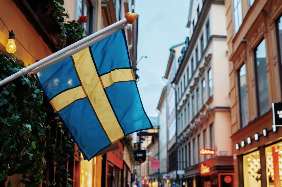 Swedish flag in the center of town. 