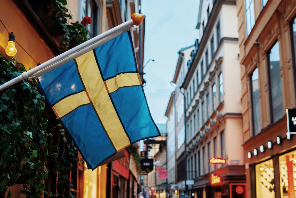 Swedish flag in the center of town. 