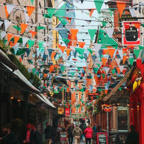 Dublin's triangle flags and busy pub street. 